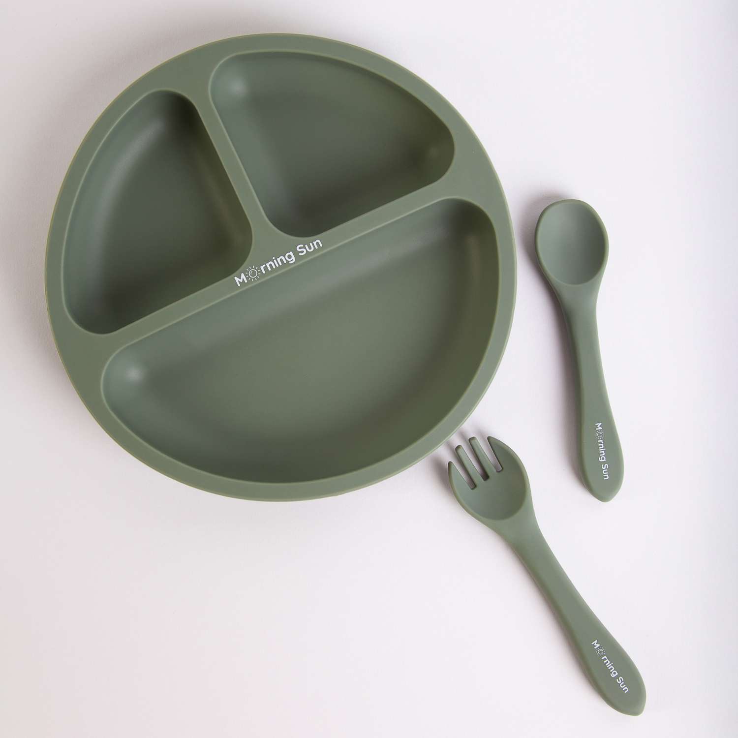 Набор детской посуды Morning Sun силиконовый секционная тарелка ложка вилка оливковый - фото 6