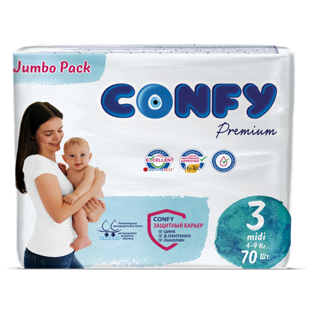 Подгузники CONFY детские Premium 4-9 кг размер 3 70 шт
