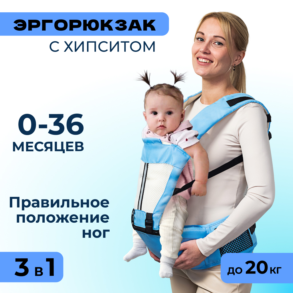 Хипсит 3 в 1 Solmax эргорюкзак-слинг и кенгуру переноска для новорожденных голубой - фото 1