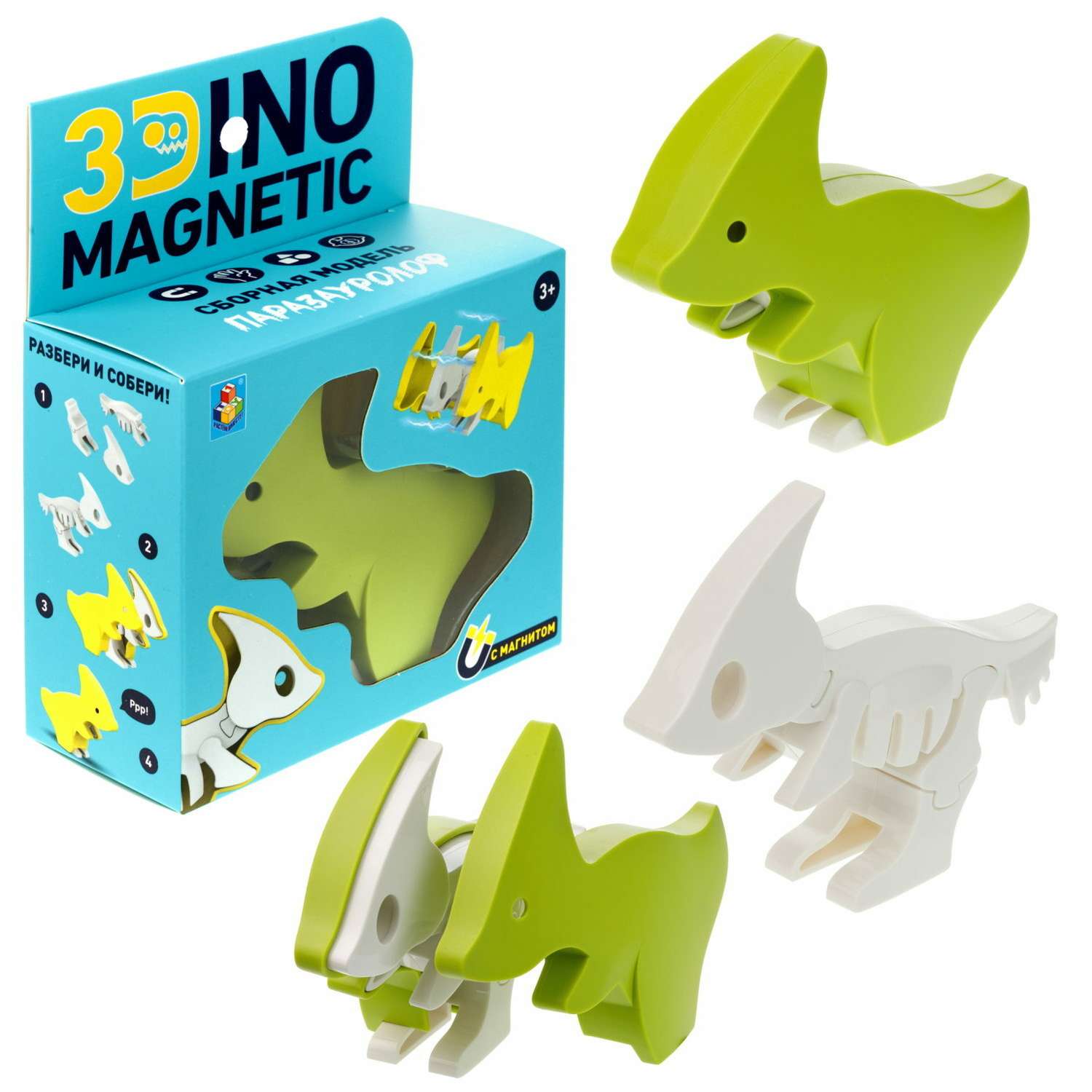Сборная модель 1TOY 3Dino Magnetic динозавр Паразауролоф зеленый - фото 1
