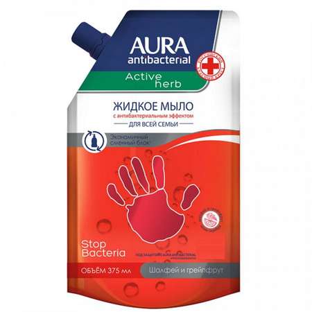 Жидкое мыло AURA Antibacterial С антибактериальным эффектом Active Herb Шалфей и грейпфрут дой-пак 375мл