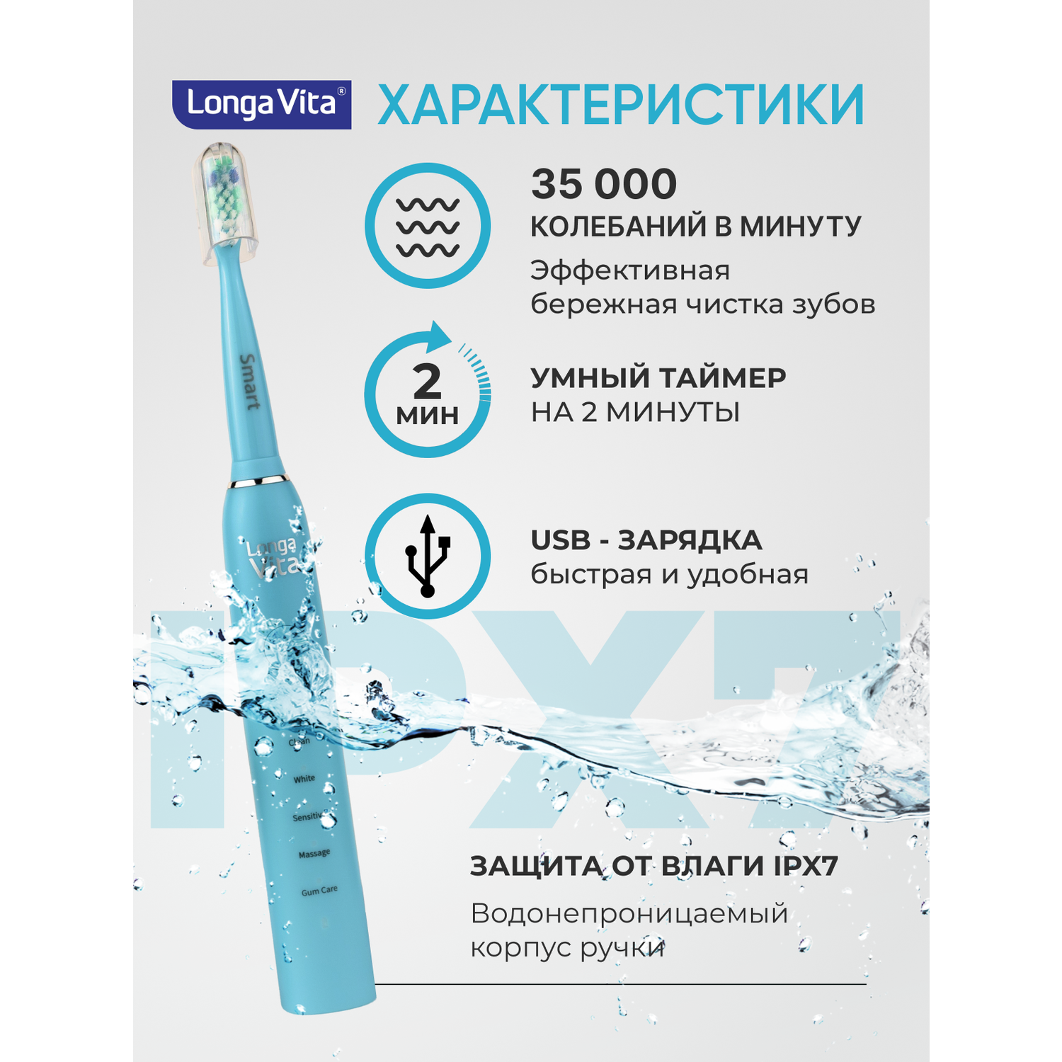 Электрическая зубная щётка LONGA VITA SMART Голубая - фото 5