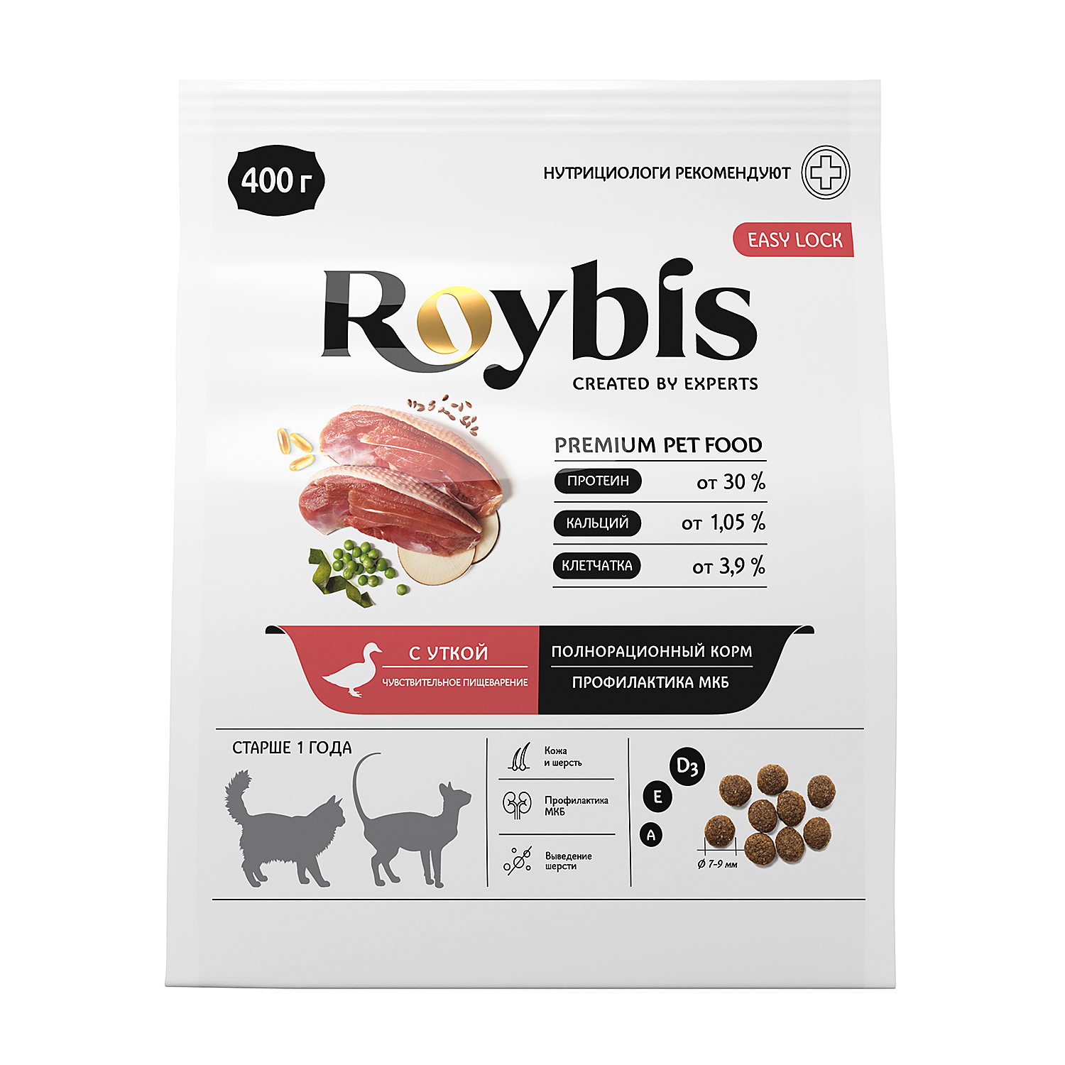 Корм для кошек Roybis 0.4кг с чувствительным пищеварением для профилактики МКБ с уткой сухой - фото 1