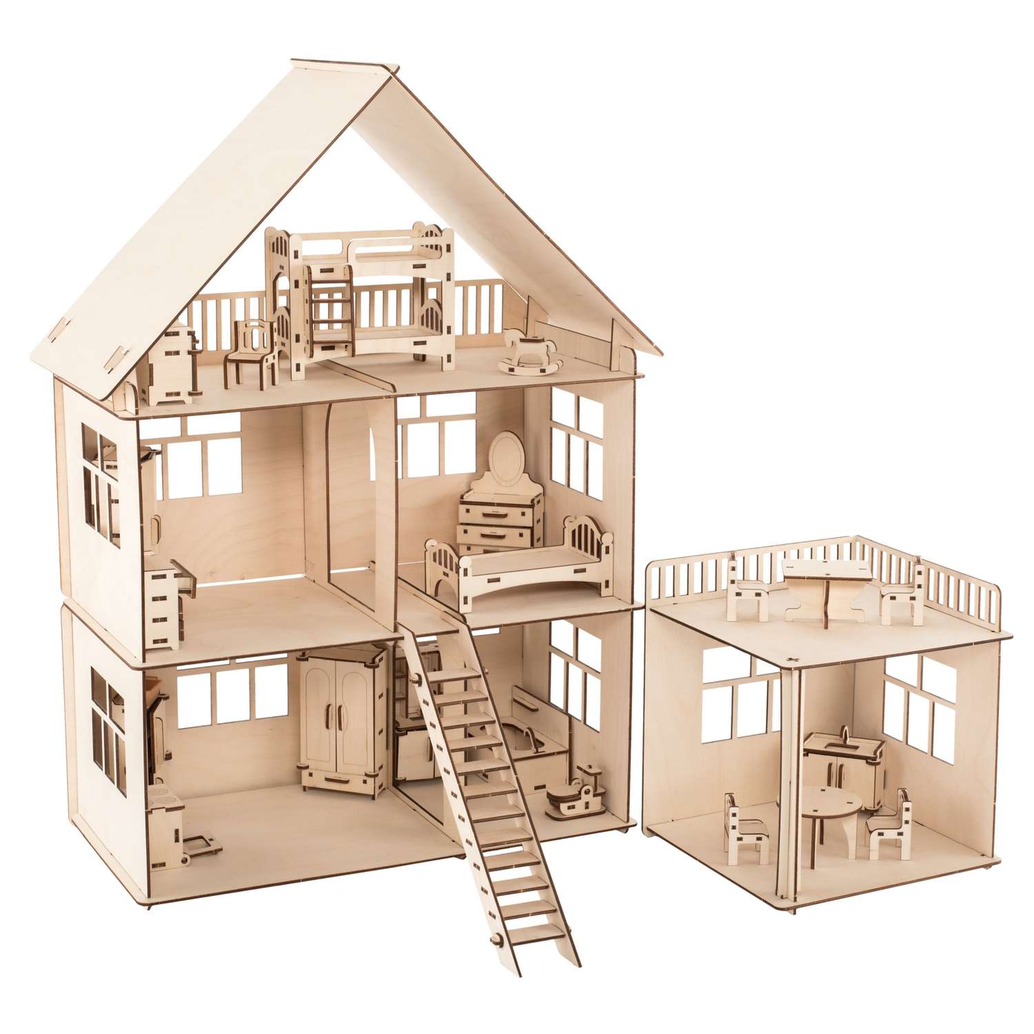 Деревянный конструктор ХэппиДом Кукольный дом для лол с пристройкой и мебелью HK-B004 - фото 2