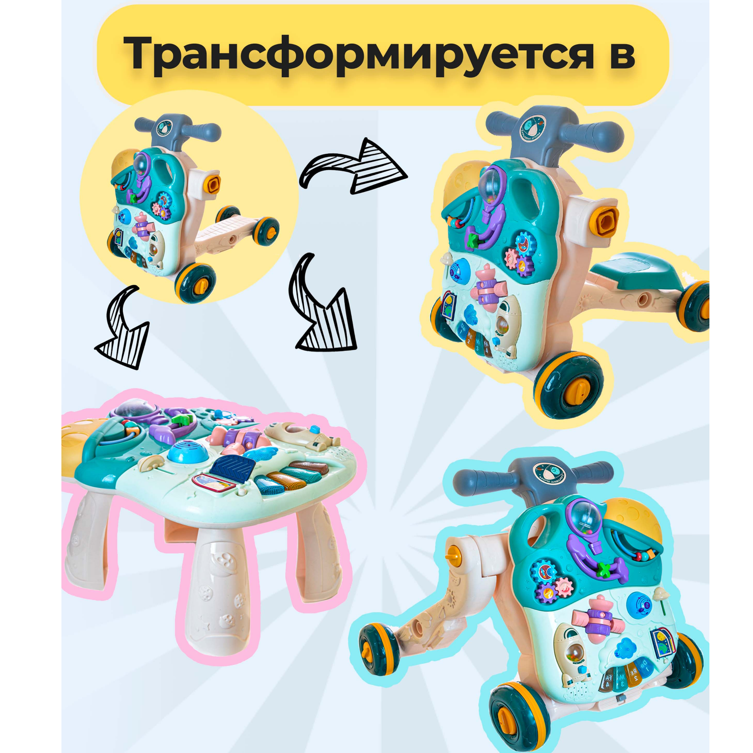 Детские ходунки каталка Turbosky Лёлик 4в1 green с игровой панелью - фото 5
