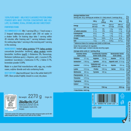 Протеин BiotechUSA 100% Pure Whey 2270 г. Рисовый пудинг