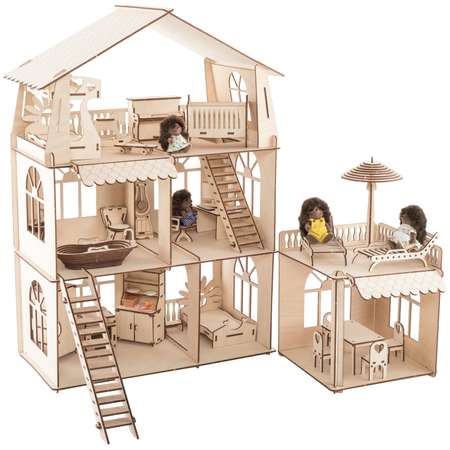Деревянный конструктор ХэппиДом Кукольный дом для лол с пристройкой и мебелью Premium
