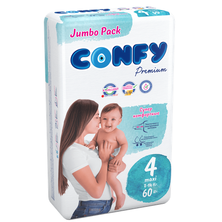 Подгузники детские CONFY Premium Maxi размер 4 7-14 кг Jumbo упаковка 60 шт CONFY