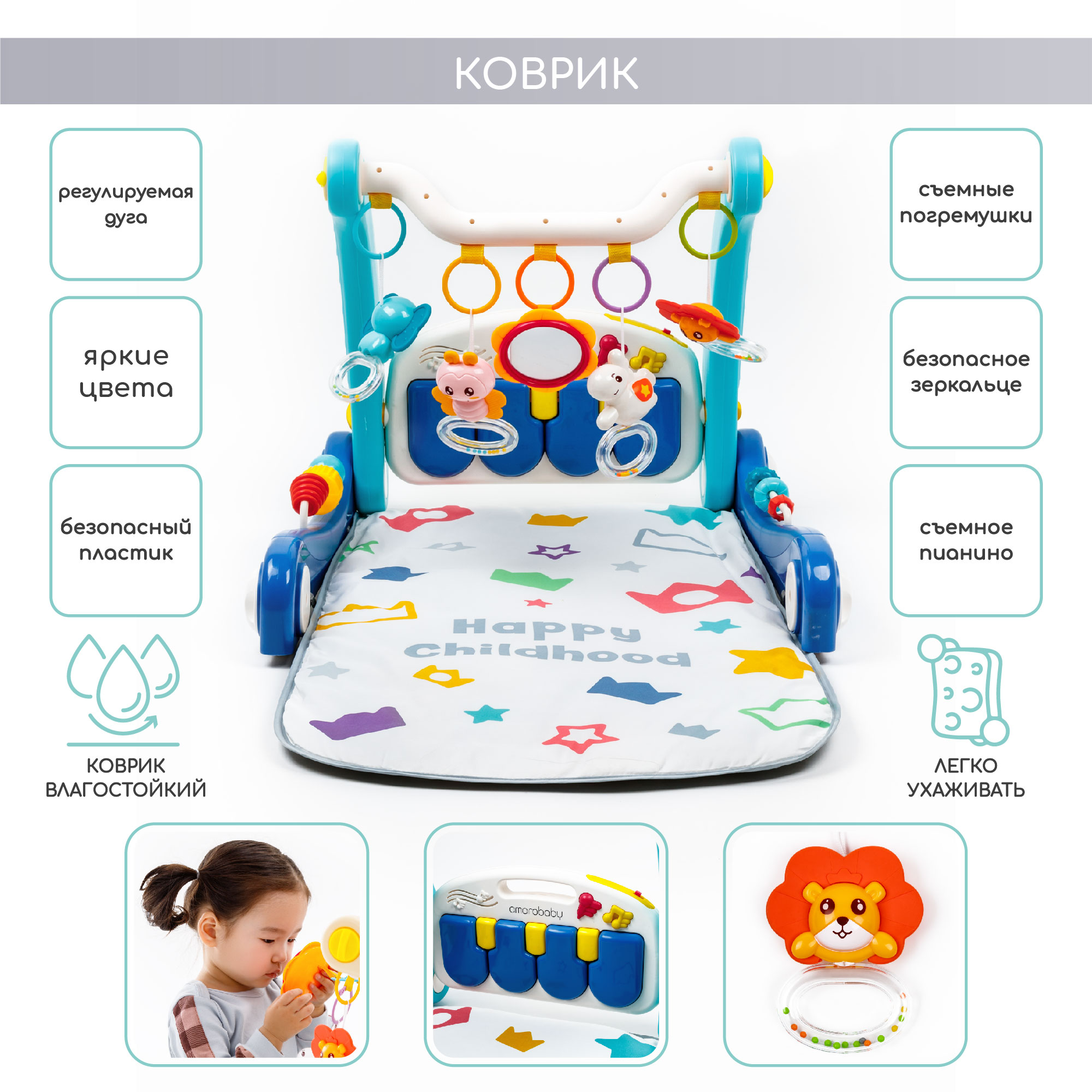 Ходунки с развивающим ковриком AmaroBaby Play Way 2 в 1 со встроенной игровой панелью синий - фото 4