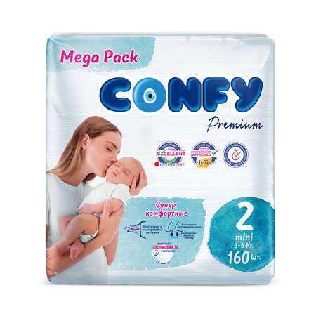 Подгузники детские CONFY Premium Mini размер 2 3-6 кг Mega упаковка 160 шт CONFY