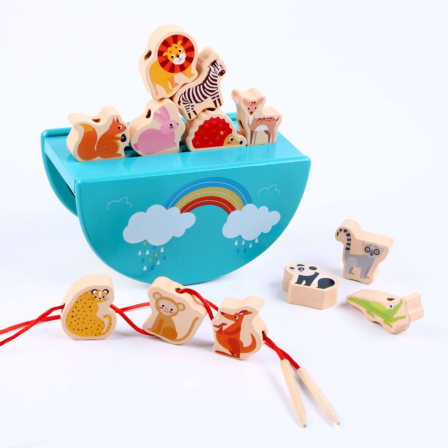 Детская игрушка Sima-Land деревянная 2 в1 балансир + шнуровка «Зверята» 18×9.5×10 см - фото 1