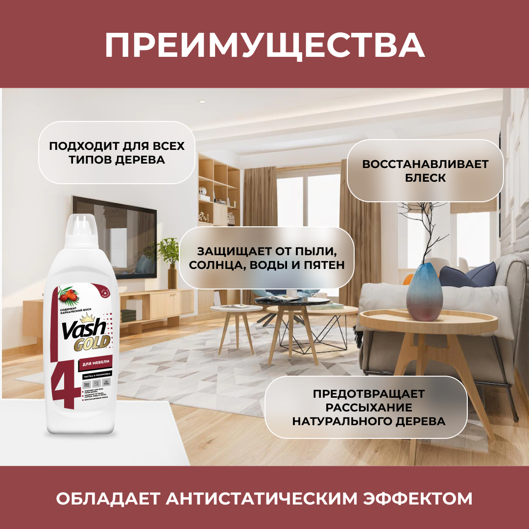 Полироль для мебели Vash Gold 3 в 1 480мл купить по цене 259 ₽ в  интернет-магазине Детский мир