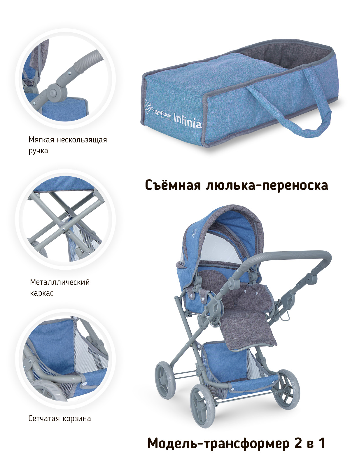 Коляска для кукол трансформер Buggy Boom с сумкой и люлькой голубая 8456-2206 - фото 4