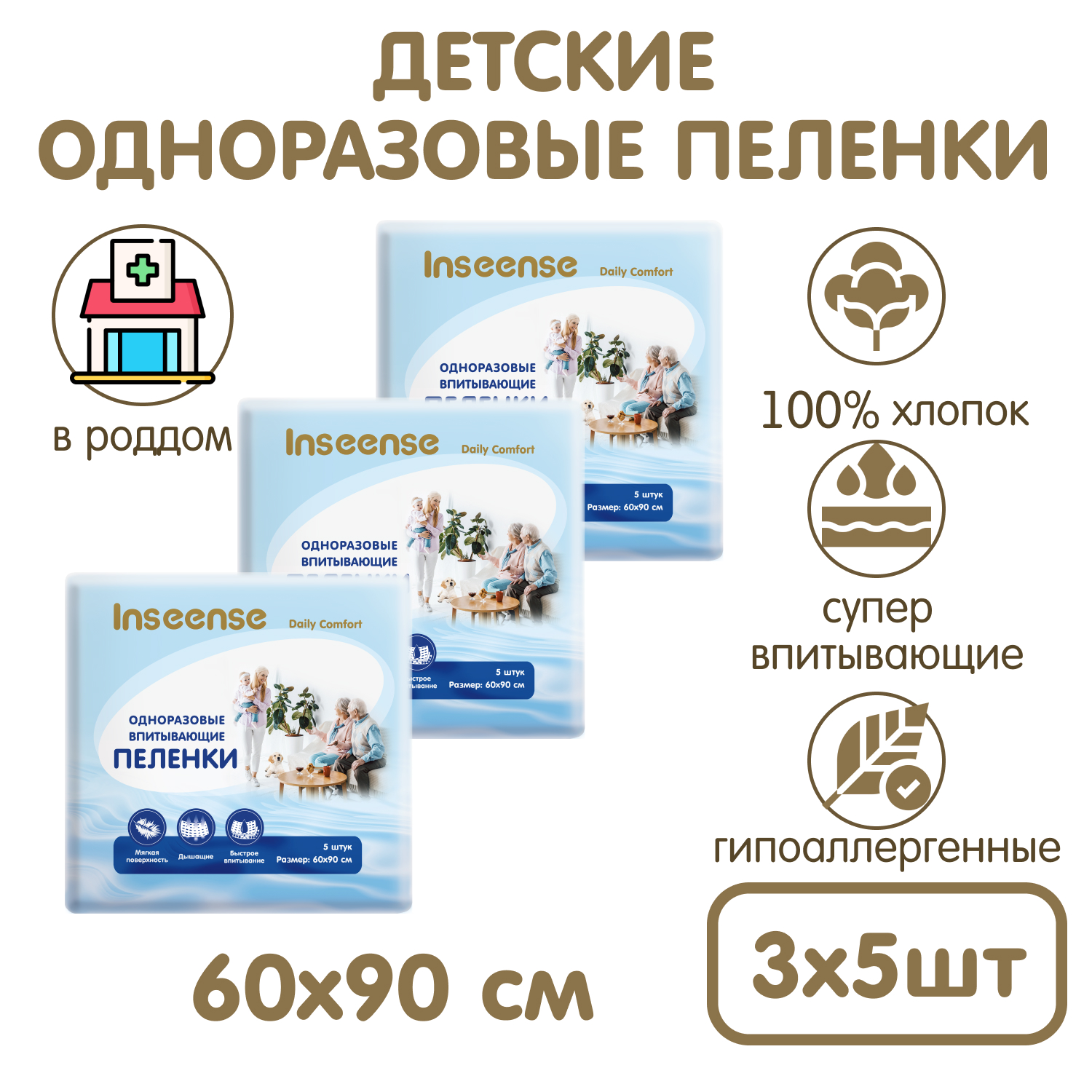 Пеленки одноразовые INSEENSE детские универсальные 60х90см 3 уп. по 5 шт. - фото 1