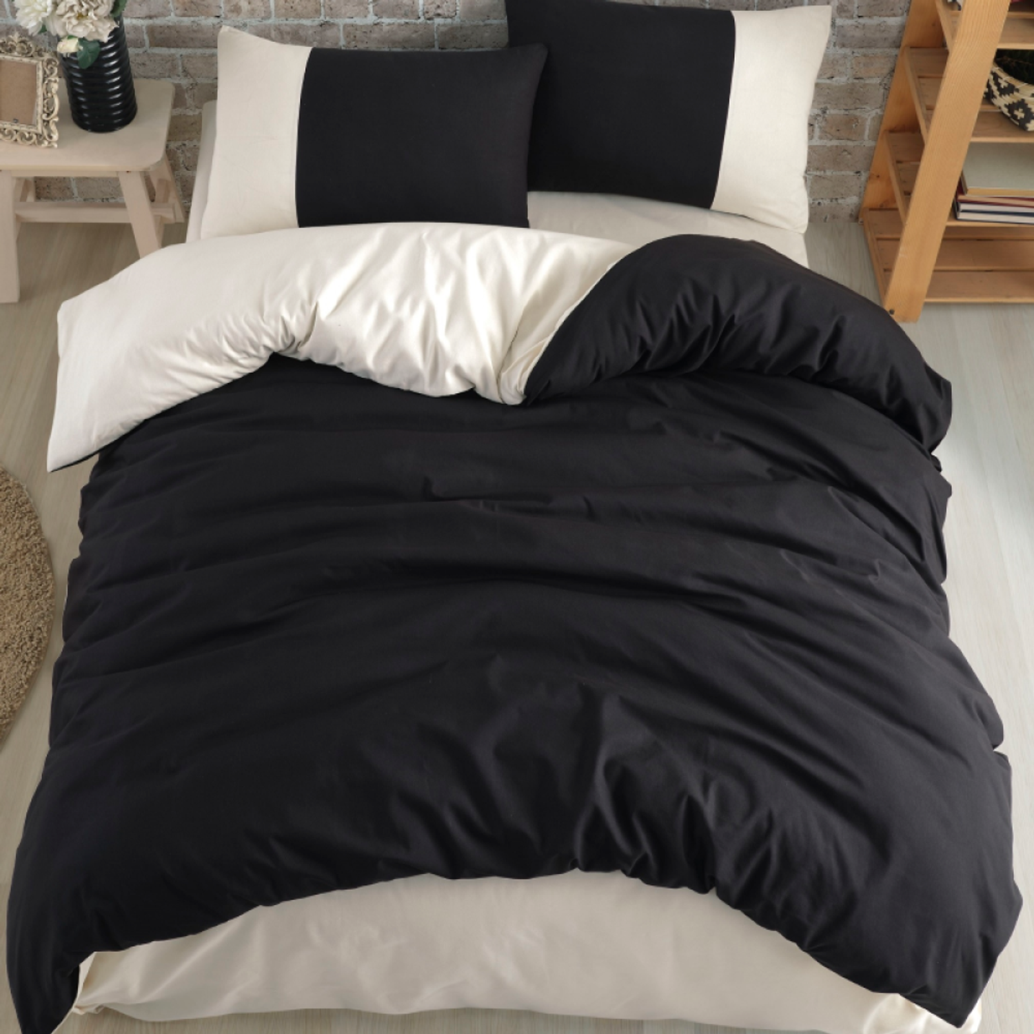 Комплект постельного белья ATLASPLUS размер ЕВРО ранфорс хлопок цвет черный кремовый - фото 3