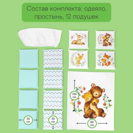 Бортики в кроватку loombee для новорожденных с постельным бельем комплект Мишка с цветами