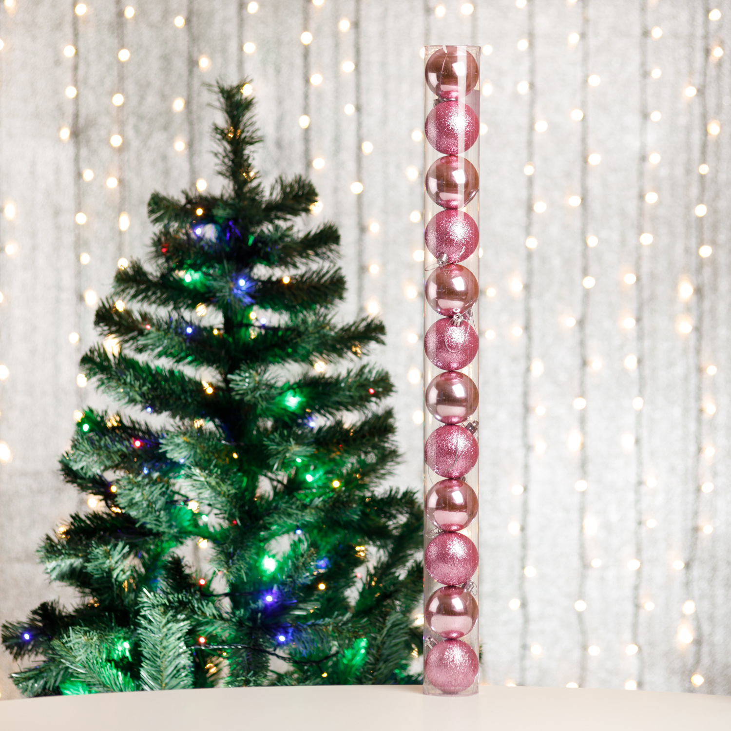 Набор елочных украшений BABY STYLE Шары розовый глянец принт искра 6 см 12 шт - фото 1