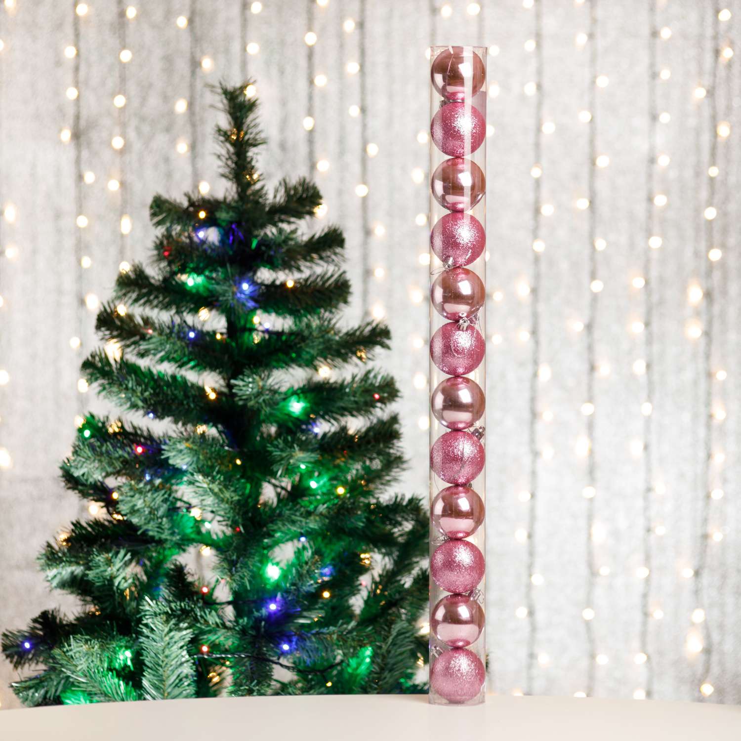 Набор елочных украшений BABY STYLE Шары розовый глянец принт искра 6 см 12 шт - фото 1