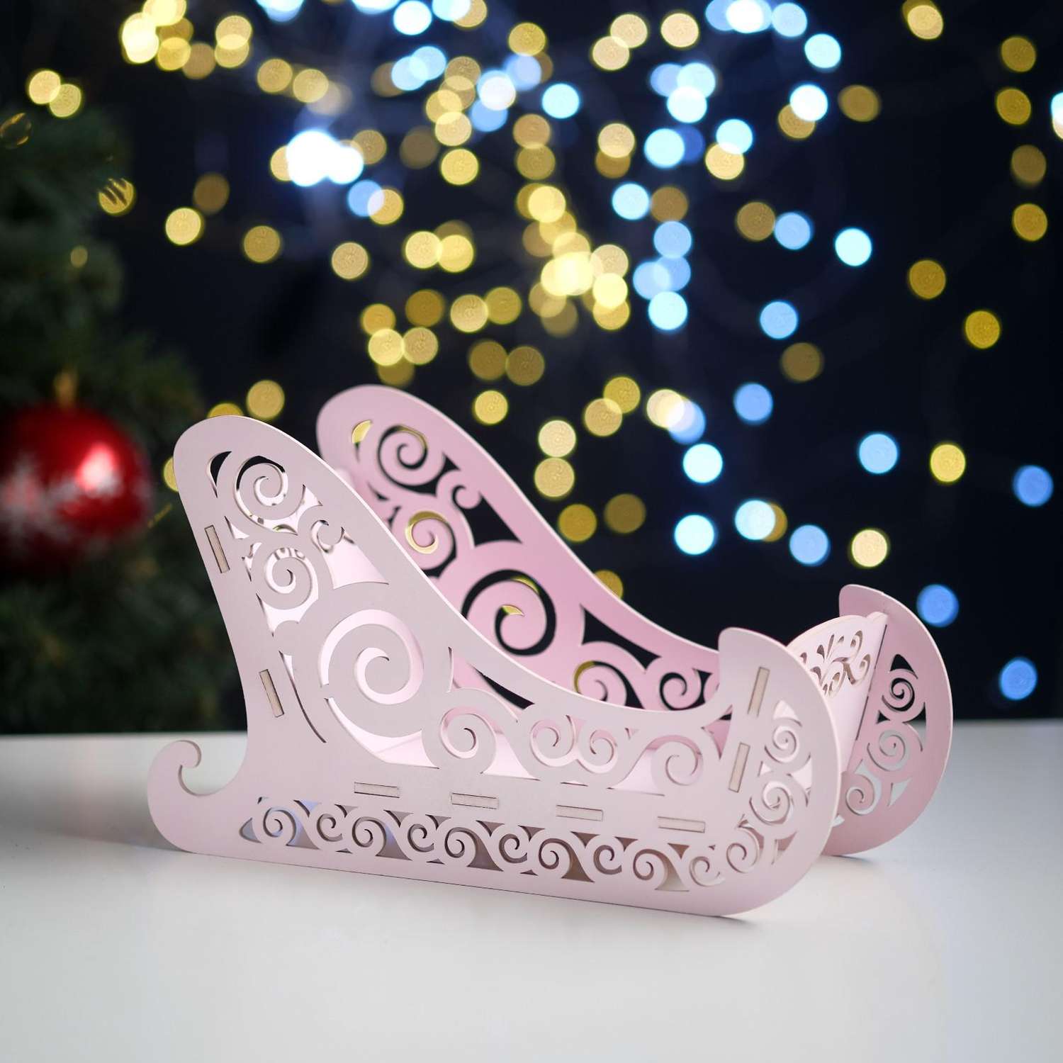 Кашпо Sima-Land деревянное 23×10×14 см «Новогоднее. Санки» подарочная упаковка розовая пастель - фото 1