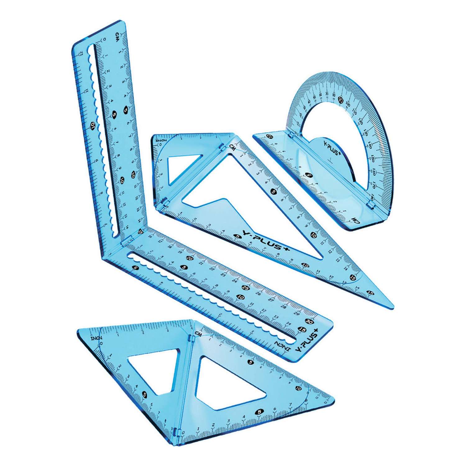 Чертёжный набор Y-plus 3D Fold линейка 15/30см+2угольника+транспортир голубой - фото 1