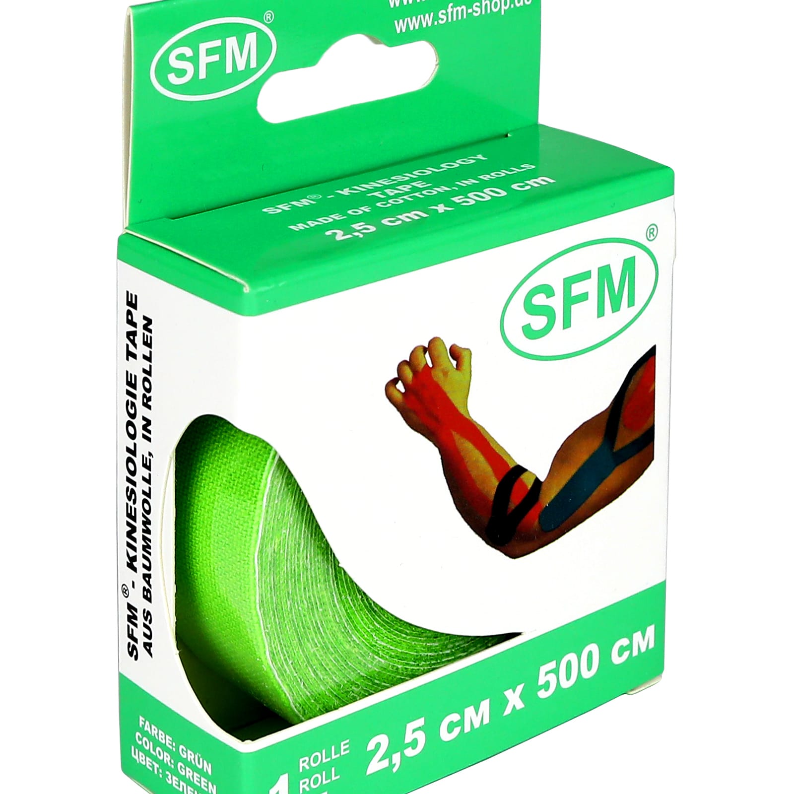 Кинезиотейп SFM Hospital Products Plaster на хлопковой основе 2.5х500 см зеленого цвета в диспенсере - фото 1