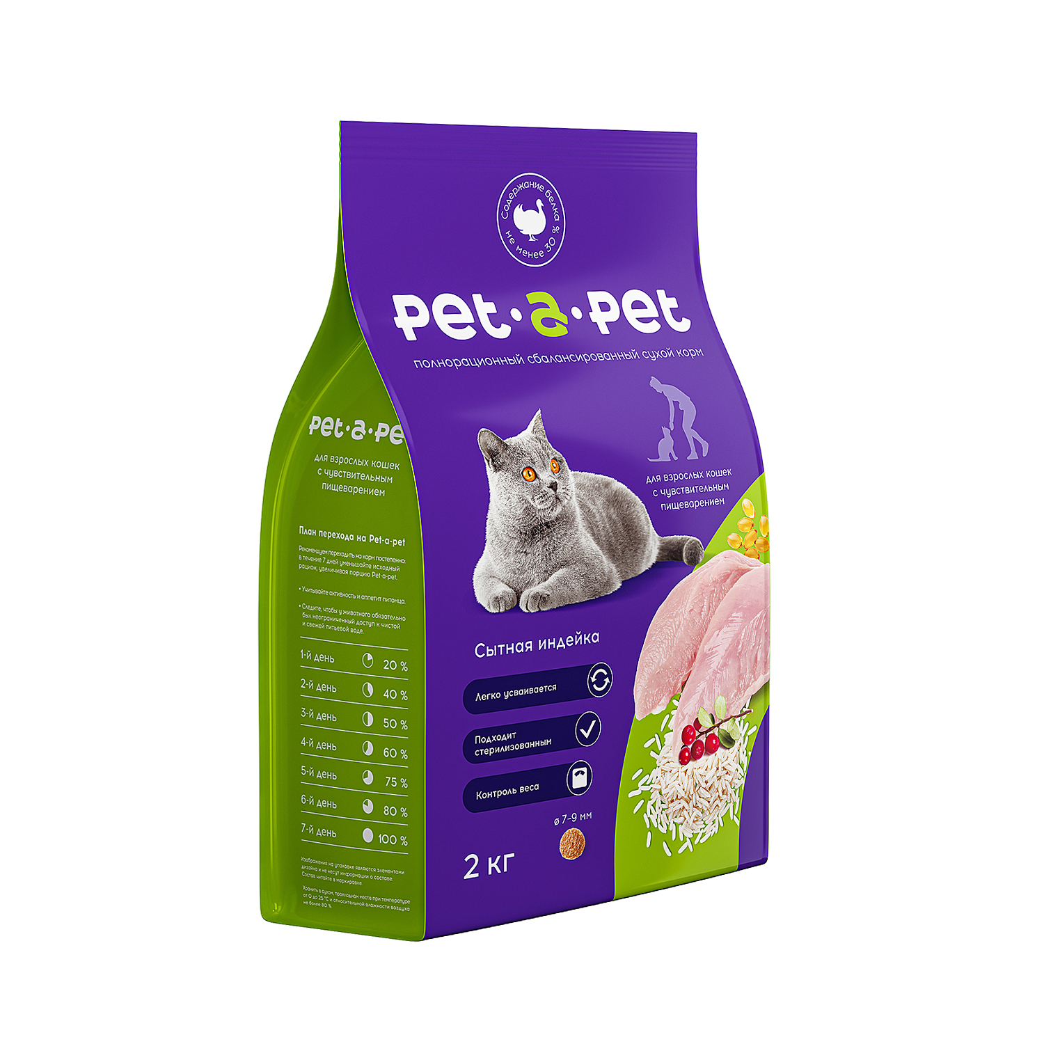 Корм для кошек Pet-a-Pet 2кг c чувствительным пищеварением с индейкой