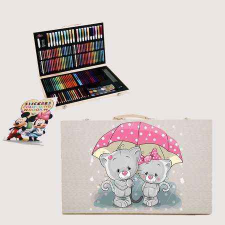 Набор для рисования BeautyBasket 220 предметов в деревянном кейсе Кошки под зонтом