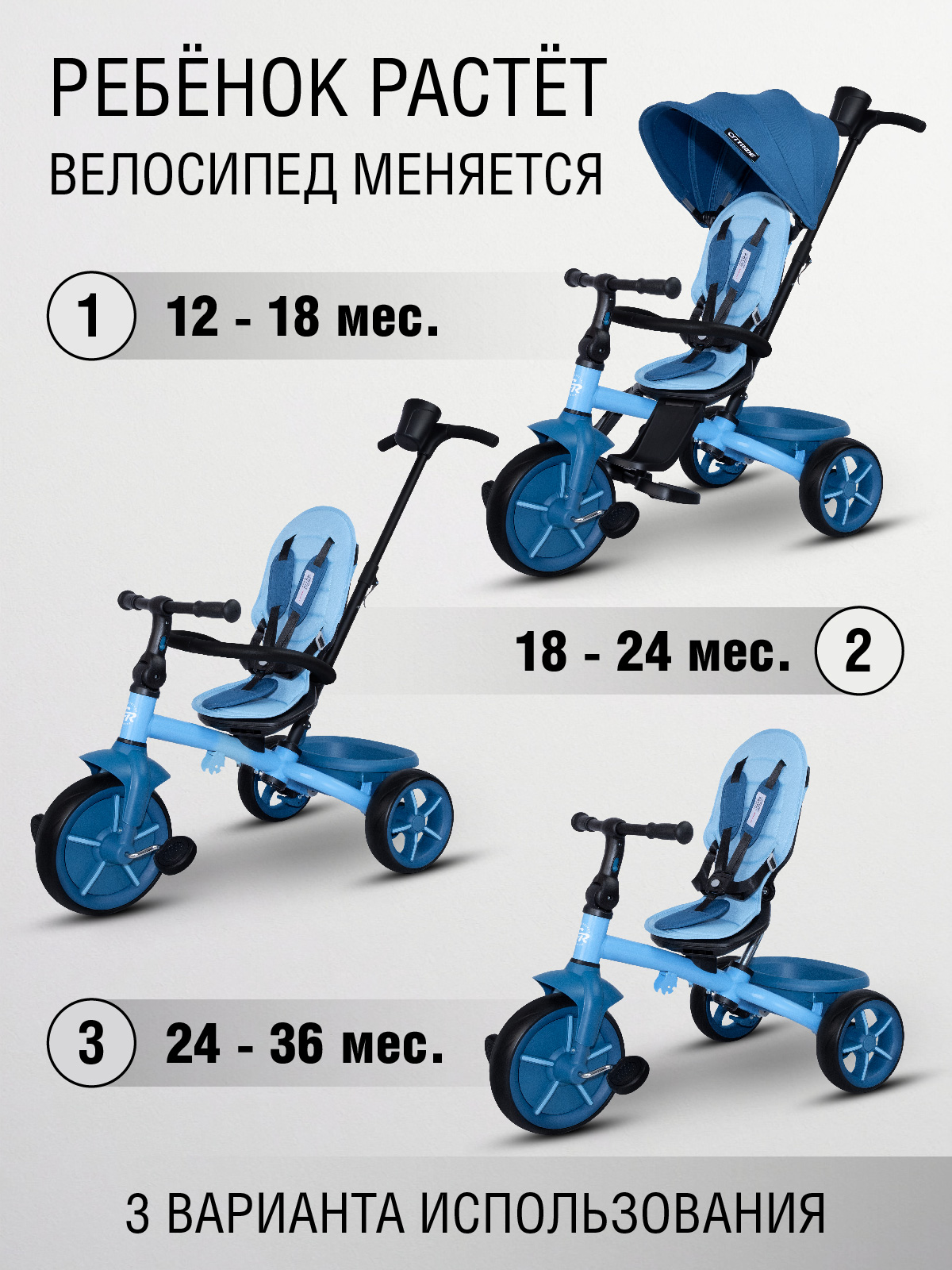 Велосипед-коляска детский трехколесный CITYRIDE Xterra колеса 11/9 голубой - фото 2