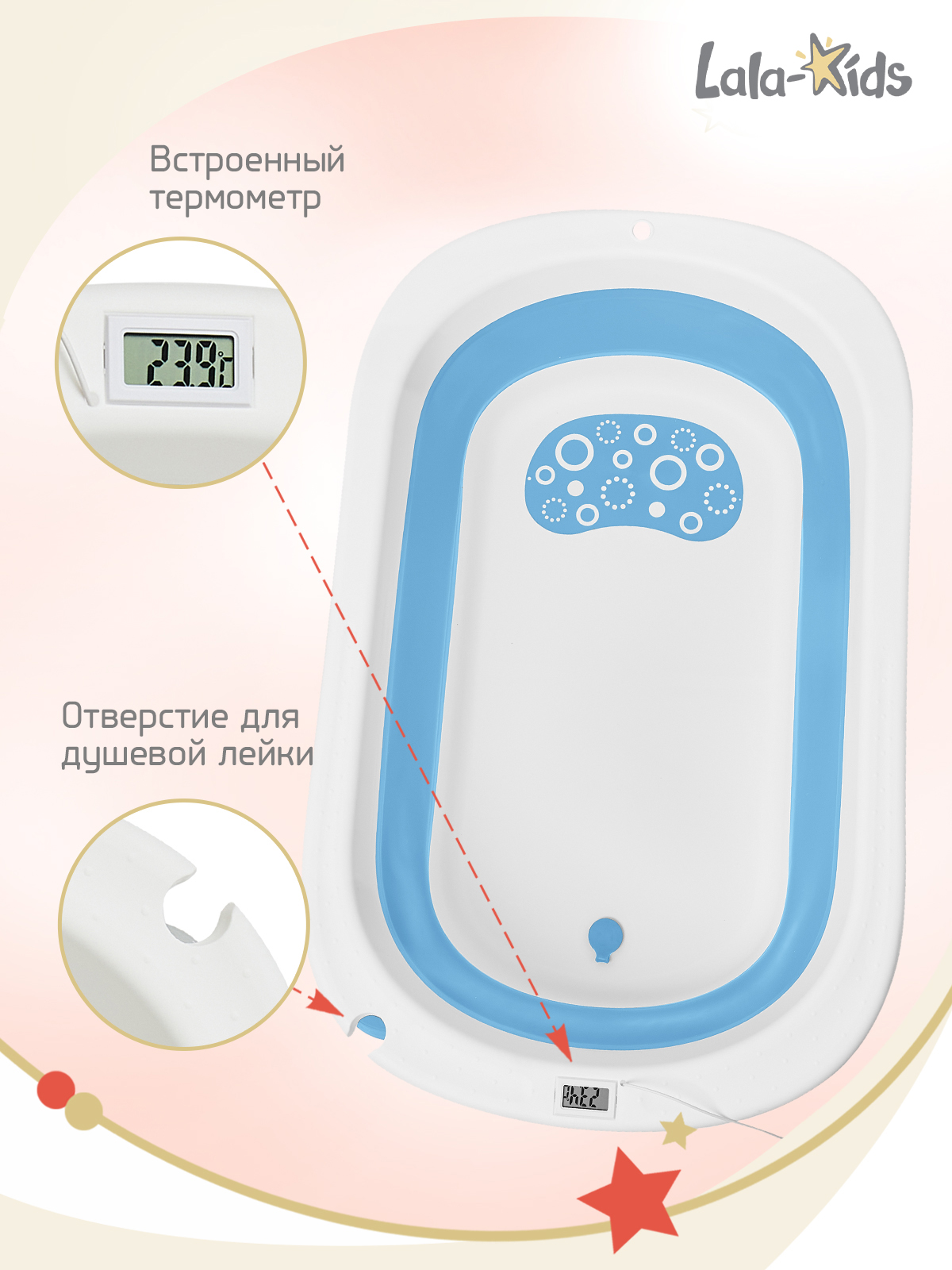 Складная ванночка для купания LaLa-Kids с термометром складным ковшом и матрасиком в комплекте - фото 5