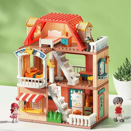 Конструктор замок ТЕХНО 186 деталей крупный кукольный дом с мебелью и куклами