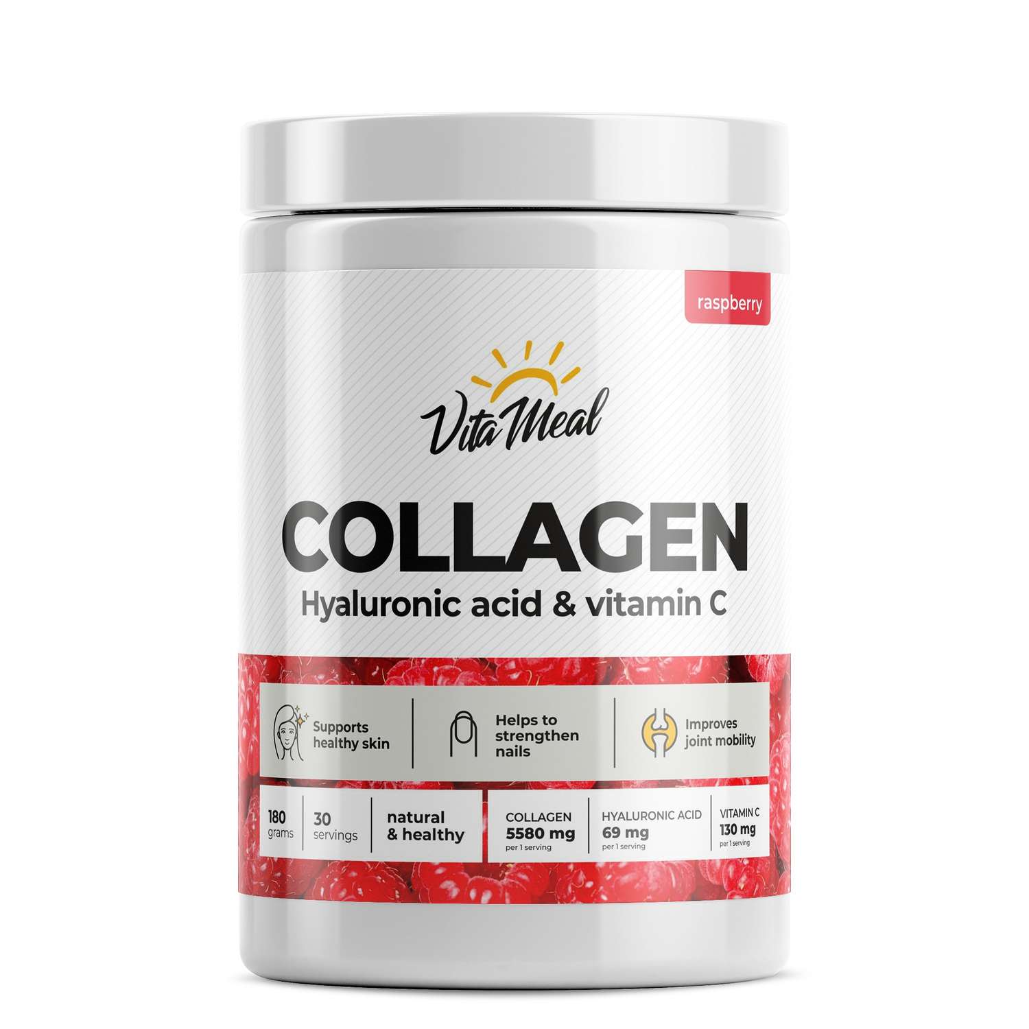 Коллаген порошок VitaMeal + Гиалуроновая кислота + Витамин С со вкусом малина 180 г - фото 1