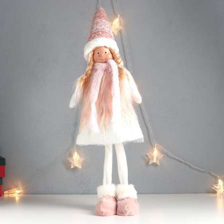 Кукла интерьерная Зимнее волшебство «Девочка с косами в колпаке бело-розовый наряд» 63х20х13 см