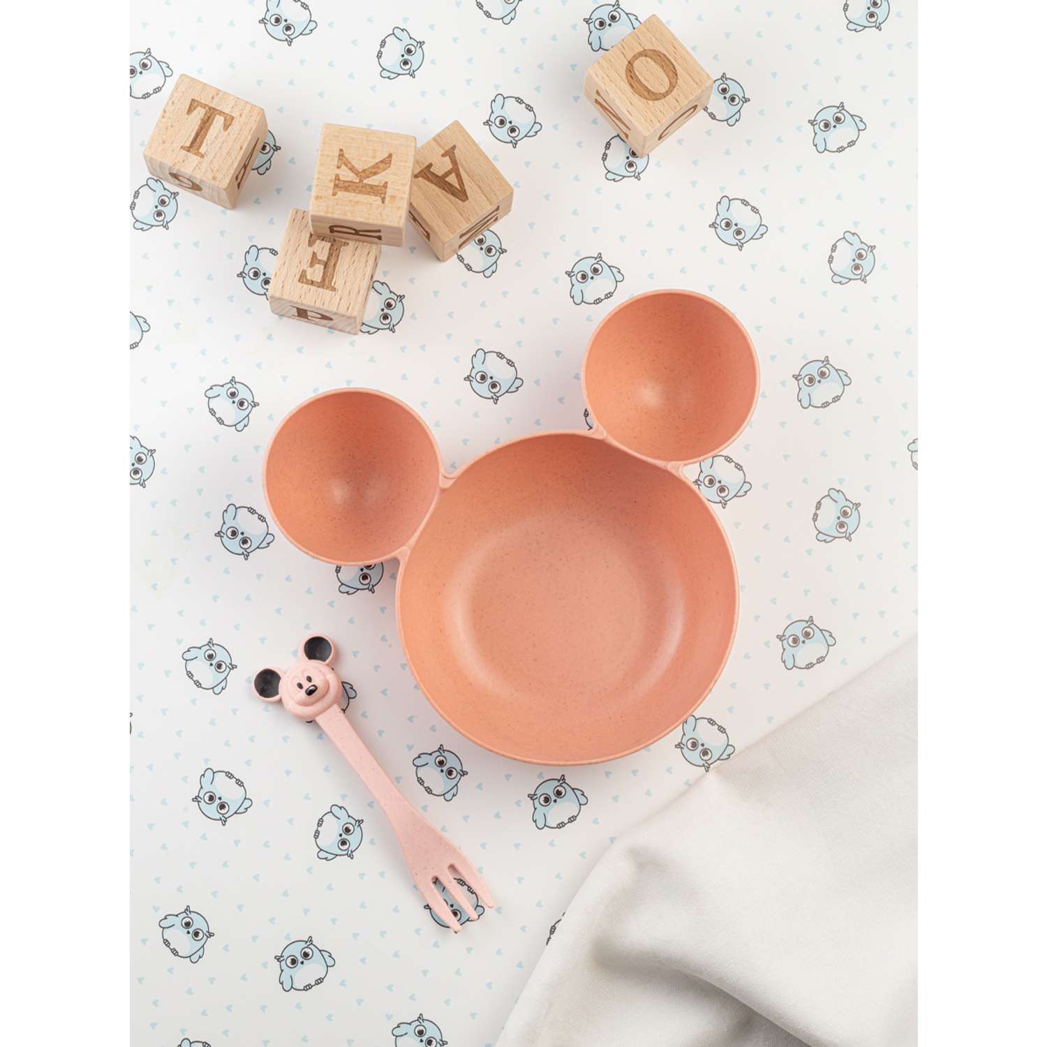 Набор детской посуды Добрый Филин Детская тарелка вилка ложка Мышонок розовый 3 предмета - фото 3