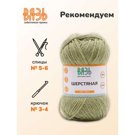 Пряжа ВЯЗЬ Шерстяная для повседневной одежды 100 гр 165 м 3 мотка 07 светло-зеленый