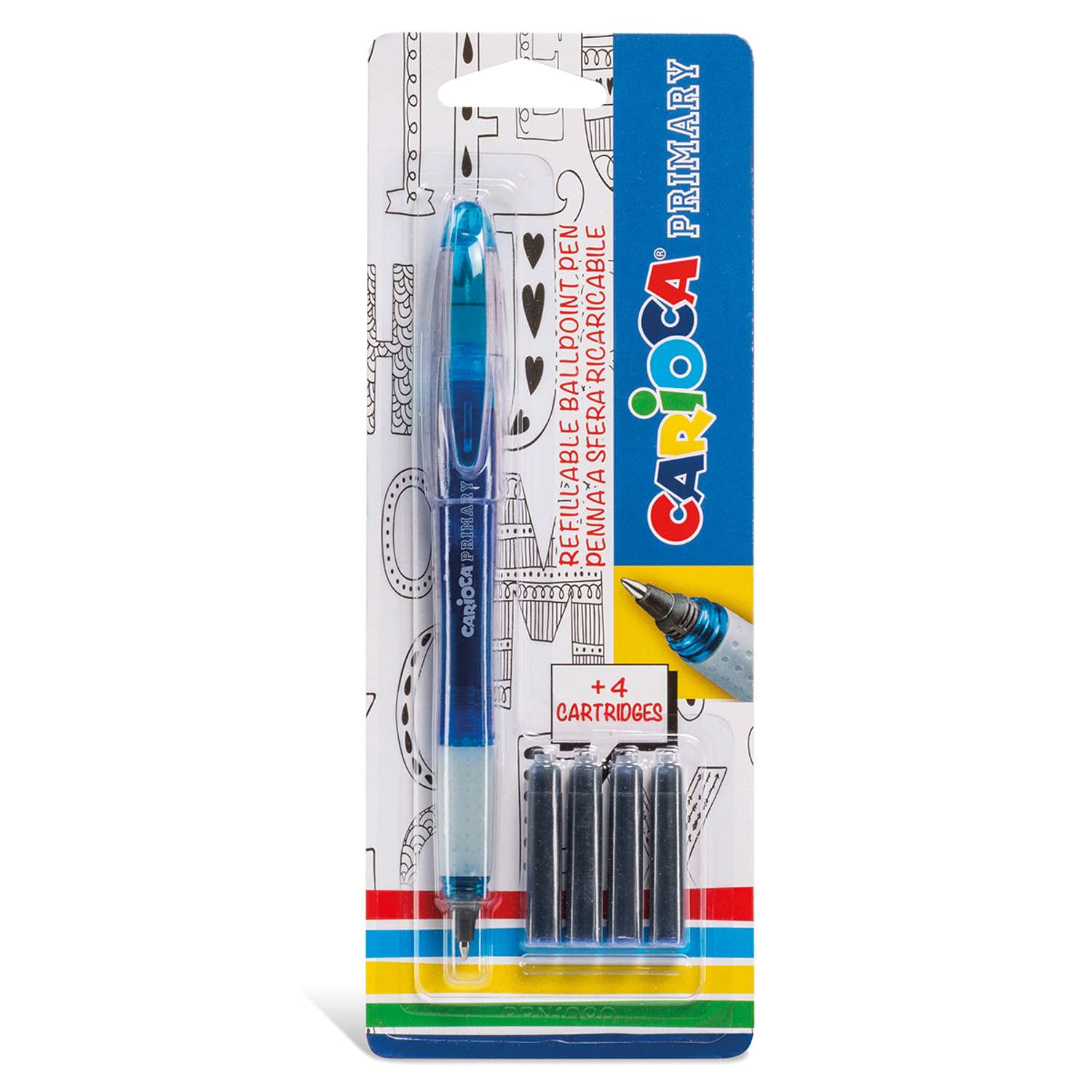 Ручка шариковая CARIOCA Primary многоразовая в комплекте с 4 сменными картриджами 1 мм синий 43248 - фото 1
