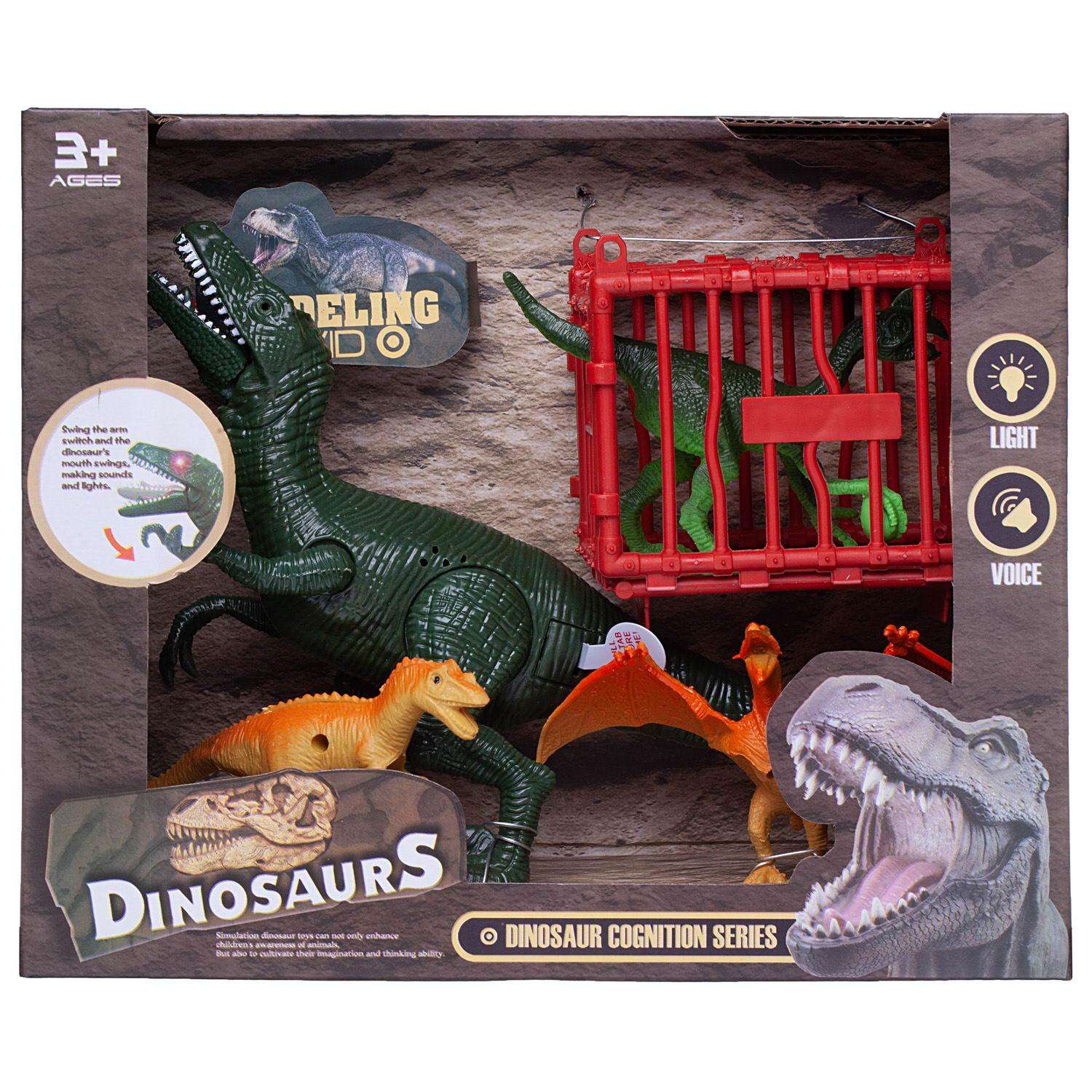 Игровой набор Junfa Динозавры 1 большой зеленый 3 маленьких клетка свет звук - фото 1