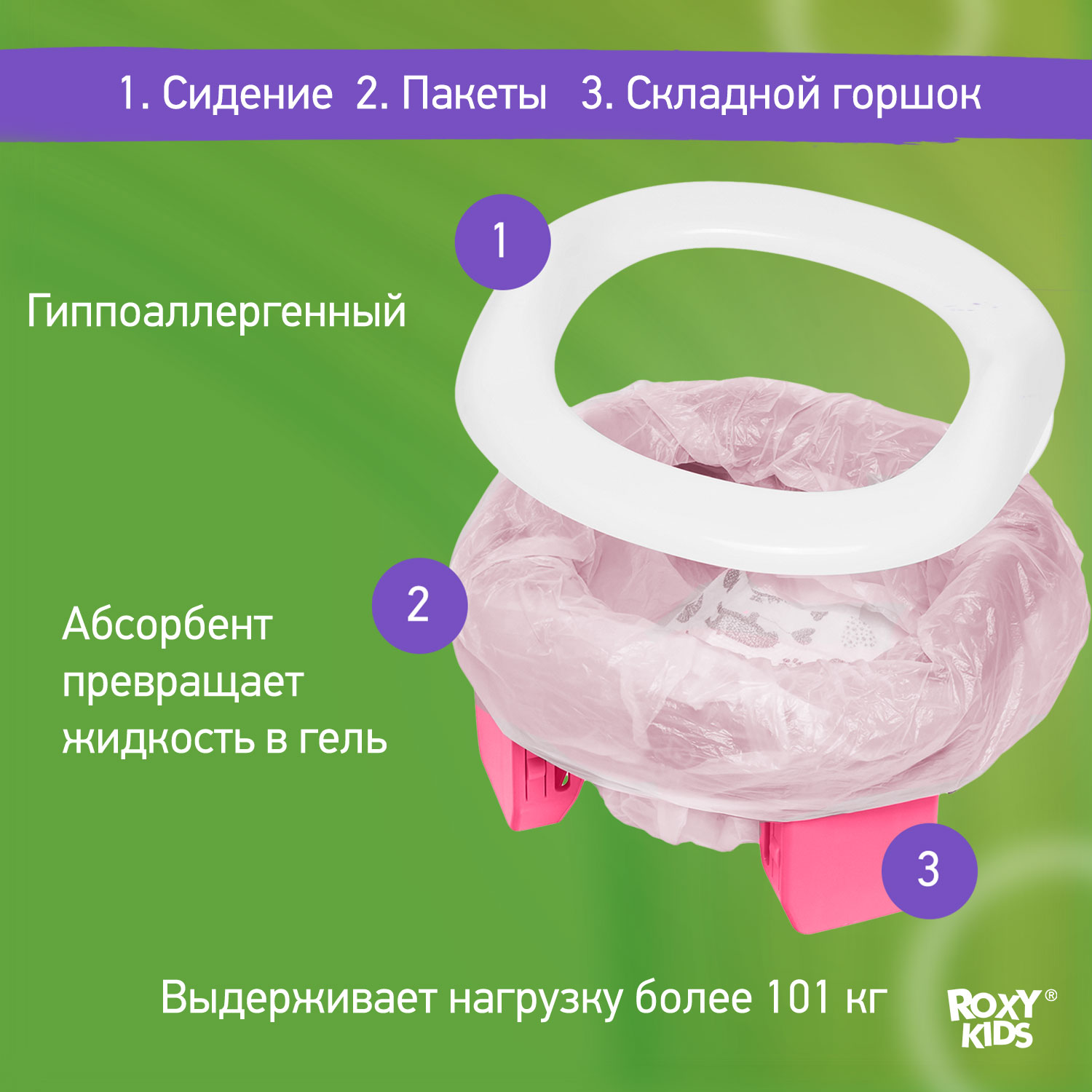 Горшок дорожный ROXY-KIDS складной с многоразовой вкладкой handy potty 3 в 1 цвет фуксия серый - фото 8