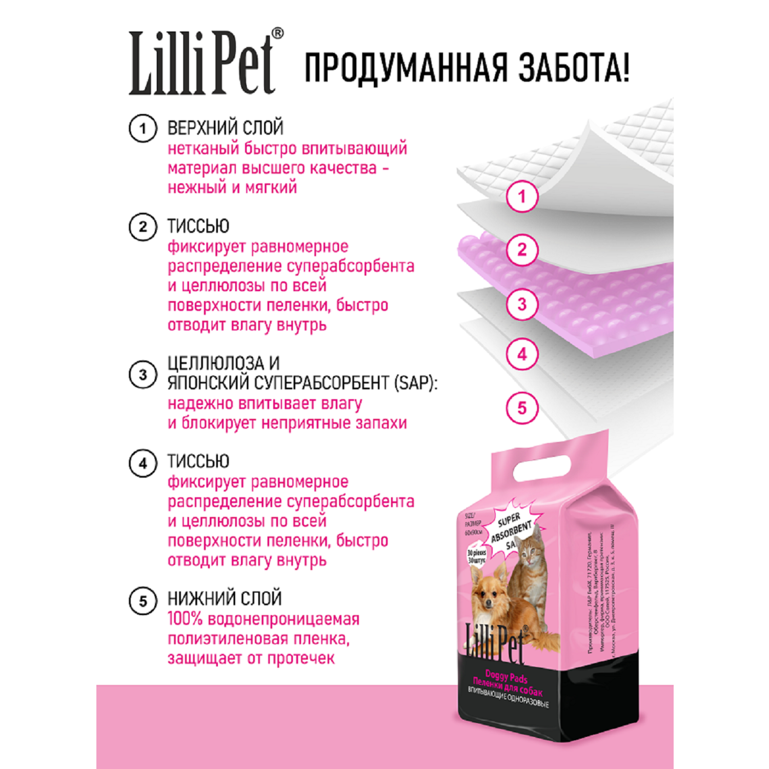 Пеленки впитывающие для собак Lilli Pet одноразовые непромокаемые 60х90 см 30 штук в упаковке - фото 2