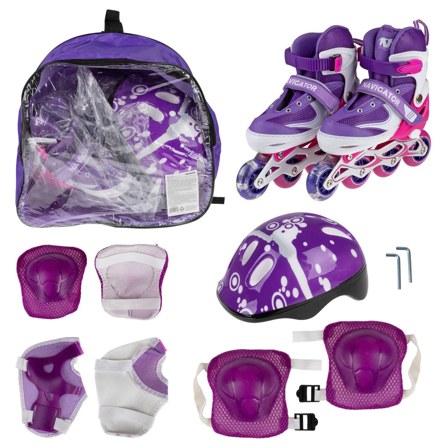 Ролики Navigator детские раздвижные 30 - 33 размер с защитой и шлемом розовый - фото 5