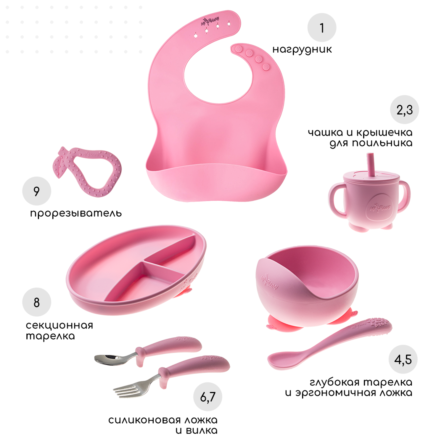 Набор для кормления Miyoumi силиконовый 9 предметов-Baby-pink - фото 2