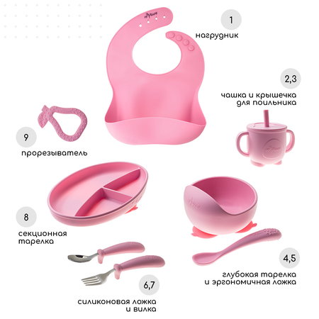 Набор для кормления Miyoumi силиконовый 9 предметов-Baby-pink