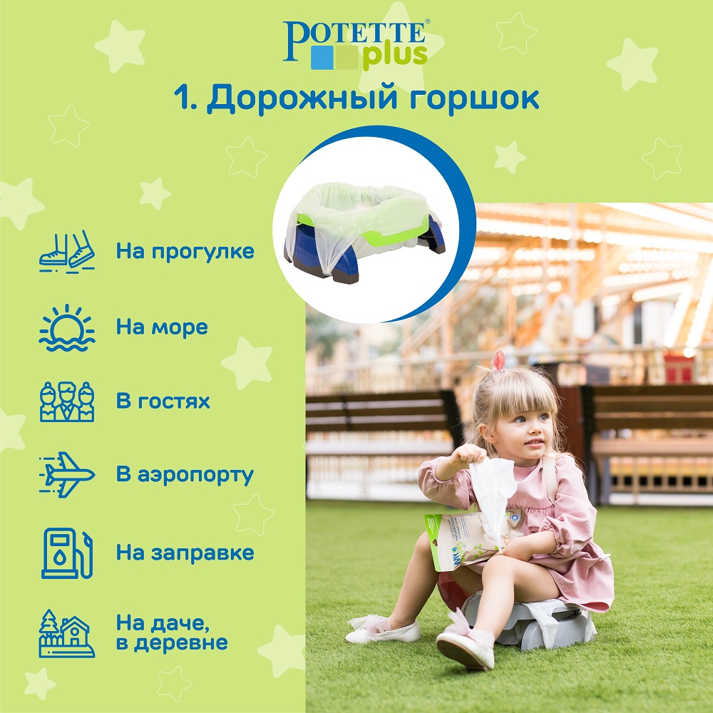 Дорожный горшок Potette Plus складной + 3 одноразовых пакета зеленый/голубой - фото 5