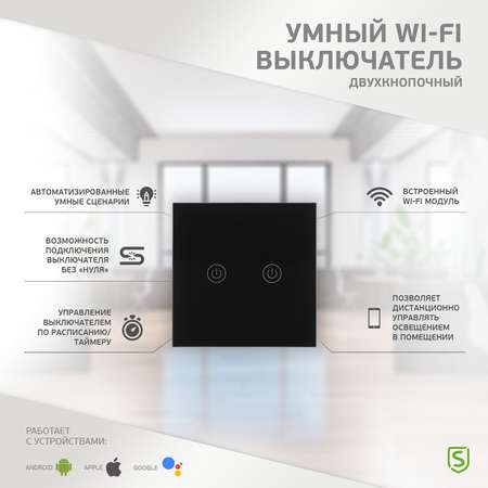 Умный выключатель SECURIC Wi-Fi двухкнопочный черный