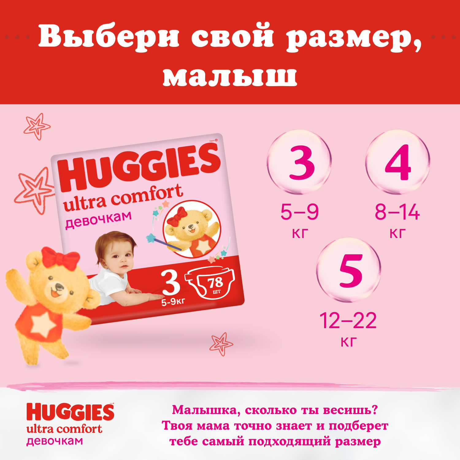 Подгузники для девочек Huggies Ultra Comfort 3 5-9кг 94шт