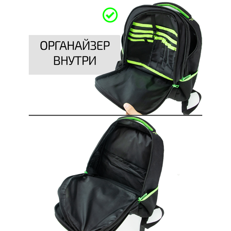 Рюкзак школьный Evoline Черный с мячом зеленые вставки EVO-DP-ball-green-41