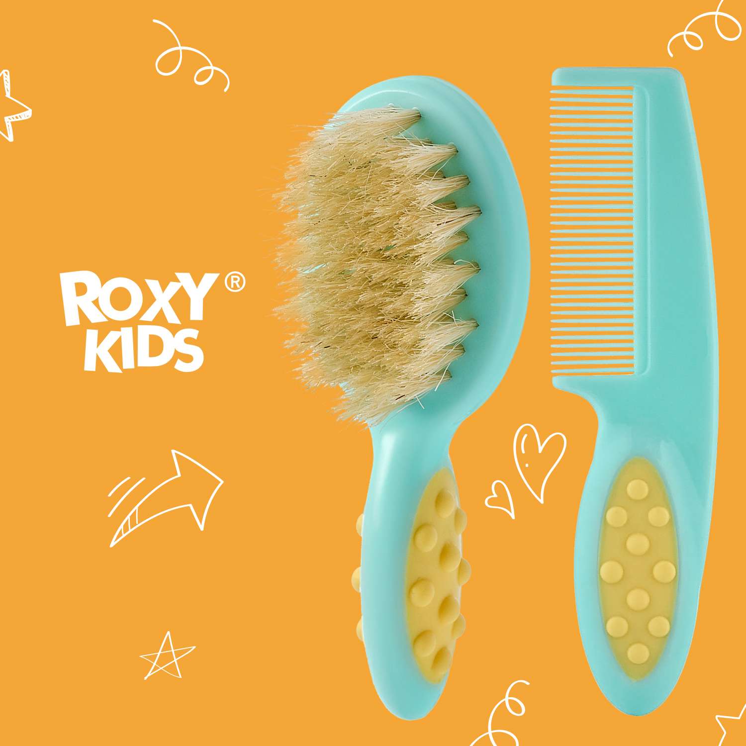 Набор для волос ROXY-KIDS гребешок и расческа из натуральной щетины цвет мятный - фото 1
