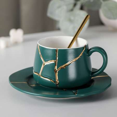 Чайная пара Sima-Land Кракле с золотом чашка 250 мл блюдце ложка цвет зеленый
