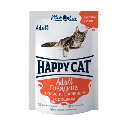 Корм для кошек Happy Cat 0.1кг говядина печень горох желе