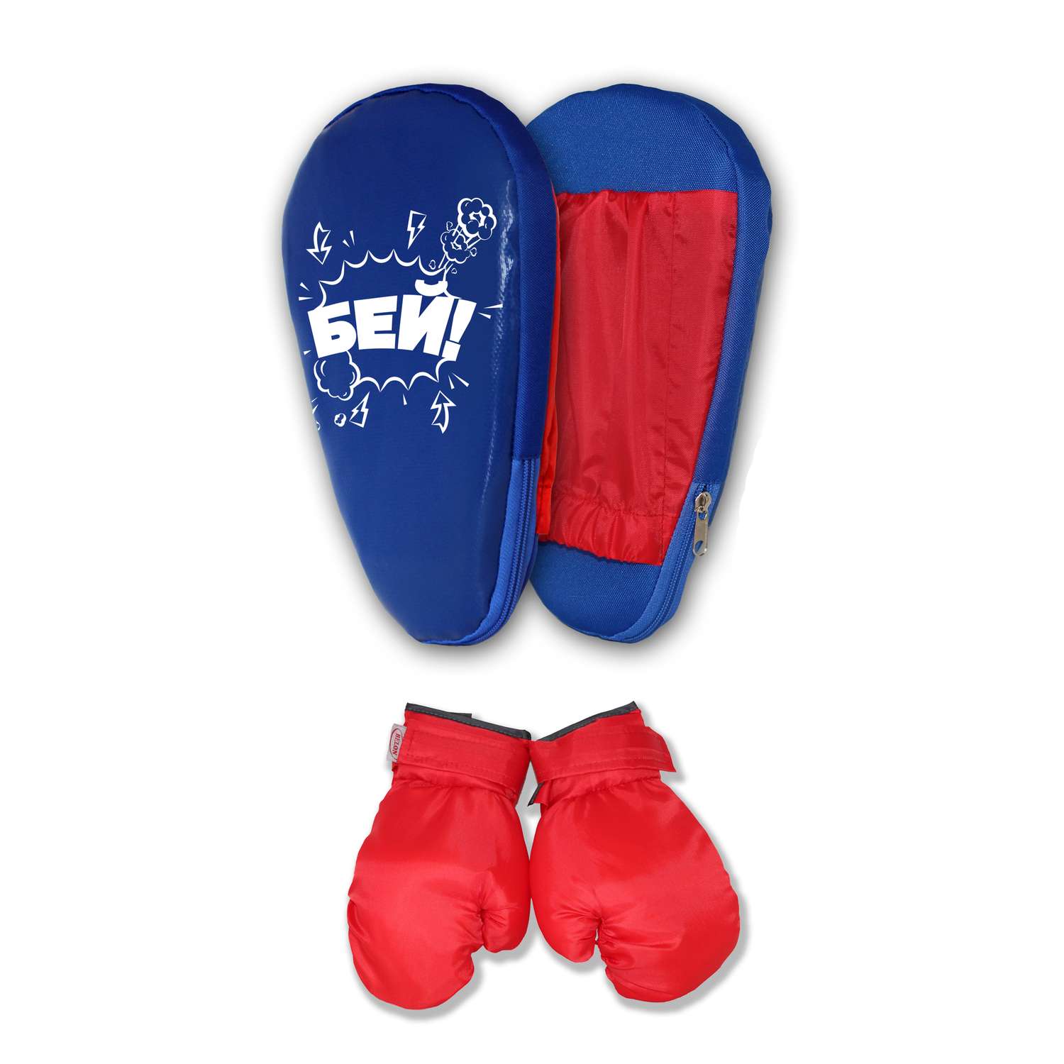 Детский набор для бокса Belon familia лапа боксерская 27х18 х 4см с перчатками цвет с перчатками синий красный с рисунком БЕЙ - фото 1