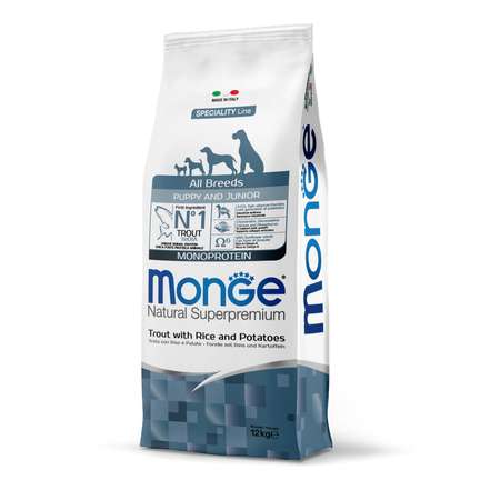 Корм для щенков MONGE 12кг Dog Speciality Line Monoprotein всех пород форель-рис-картофель